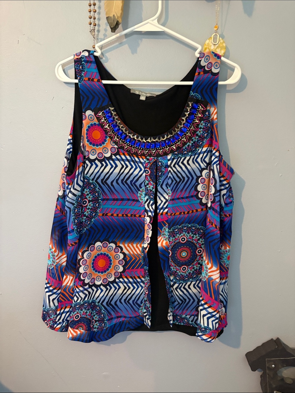 NY Collection Blue Multi-Print Beaded Neck Tank Top